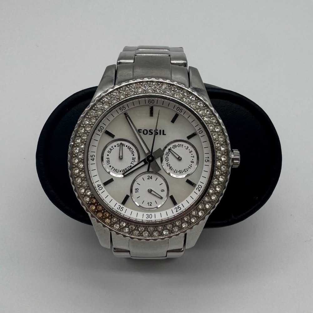 Fossil Stella ES2860 Silver Tone Crystal Bezel Watch White dial needs bat